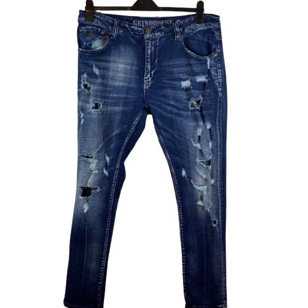 Grindhouse Denim Men's Blue Jeans Distressed Biker Size 38 X 32